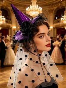 1PC/Set Halloween Atmosphere Headpiece Sequin Pumpkin Hat Headband Witch Party Performance Prop Lace - View 2
