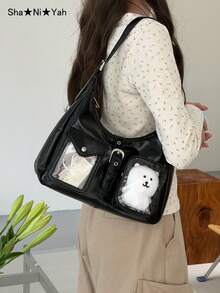 2026 New Japanese Y2K Fashion Shopping Casual Minimalist Street Commute Large Capacity Women's College Style Transparent Badge Bag Shoulder Bag Crossbody Bag (Does Not Include Pendant Doll Postcard) - Black - View 5