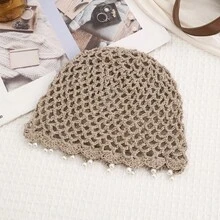 1pc New Bohemian Style Pearl Sequin Crochet Hollow Bead Beanie Hat, High-End Knitted Headwear - Multicolor - View 12