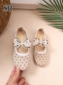 Girls' Polka Dot Mesh Bow Mary Jane Flats, Comfortable & Breathable, Elegant & Versatile, Suitable For Daily And Outdoor Wear - Beige - View 4