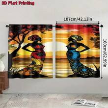 2pcs High-Definition Digital Bohemian African Exotic Print Decorative Curtains, Women Silhouette Totem Pattern Design, Polyester Material, Rod Pocket Design, Easy To Hang, Semi-Transparent Privacy Protection, Machine Washable And Hand Washable, Vintage Bohemian Living Room Bedroom Curtains, Suitable For Bedroom, Living Room, Kitchen, Closet, Study, Home Decor. - Multicolor - View 15