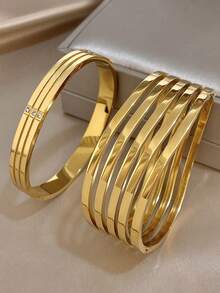 18k Gold Plated Stainless Steel, 5-Layer Wavy Stainless Steel Gold Bracelet, Women's Bracelet, Stainless Steel Jewelry, Designer Jewelry, High-Quality Luxury Jewelry, Thick Bracelet, Gold Plated Jewelry, Suitable For Daily, Date, Party, Holiday Season, Back To School Season, Summer Jewelry, Beach Jewelry, Women's Beach Accessories, Birthday Gift, Girlfriend Gift, Mother Gift, Bohemian Jewelry - Multicolor - View 3