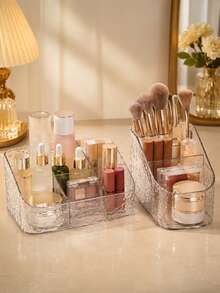 1pc/Set Transparent PET Acrylic Cosmetic Storage Box, Multi-Compartment Desktop Cosmetic Organizer, Dustproof & Waterproof Cosmetic Storage Box, Suitable For Lipstick, Brushes, Skincare, Perfume, Transparent Vanity Organizer, Home Use Gift,Bedroom Room Decor,Back To School - Multicolor - View 2