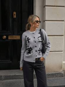 Cardigan Rajut dengan Jarum Pipih, Motif Bulan dan Langit Berbintang, Potongan Ramping dan Jaket Lengan Panjang Kasual yang Cocok untuk Dipakai di Musim Semi dan Gugur - Grey - View 1