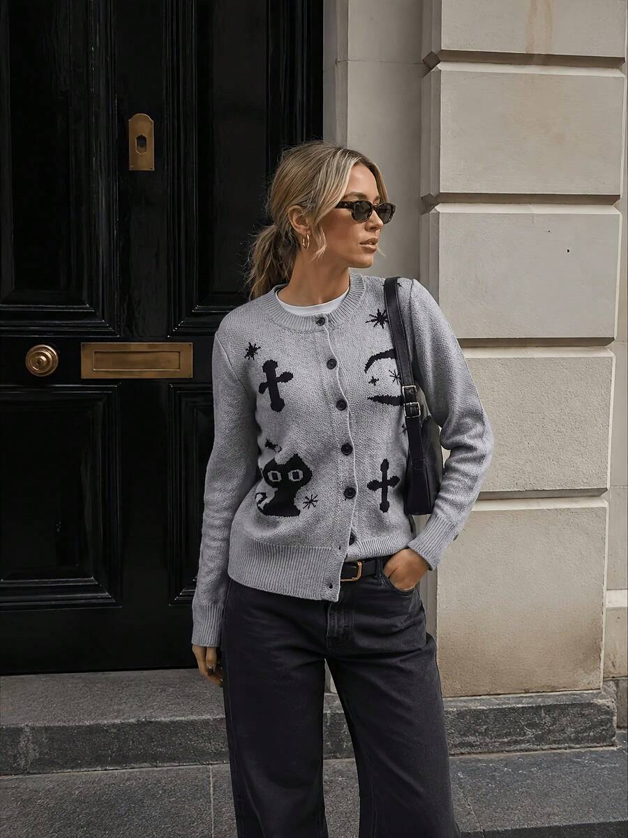 Cardigan Rajut dengan Jarum Pipih, Motif Bulan dan Langit Berbintang, Potongan Ramping dan Jaket Lengan Panjang Kasual yang Cocok untuk Dipakai di Musim Semi dan Gugur - Grey - View 1