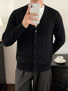 Men's V-Neck Button-Front Ribbed Knit Cardigan, Casual Layering Long Sleeve Sweater - Black - View 4