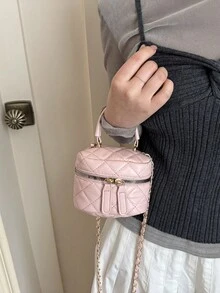 粉色絎縫鏈條小方包，迷你手提化妝包，百搭斜挎包，愛心吊飾通勤手提包 - 粉色 - 查看 8