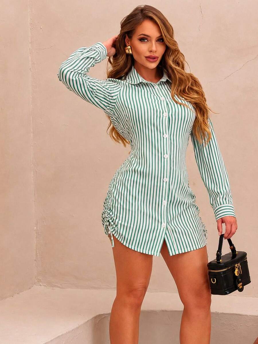 Women's Striped Checkered Shirt Dress With Long Sleeves, Adjustable Buttons And Side Tie – Elegant, Modern And Super For Winter - 綠色和白色 - 查看 1