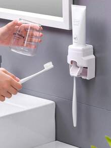 Wall-Mounted Automatic Toothpaste Dispenser With 2 Toothbrush Slots, No Drilling Required, Slouchy Toothpaste Squeezer, Space-Saving Bathroom Accessory Storage Rack, Suitable For Couples, Family Shower And Vanity - Multicolor - View 6
