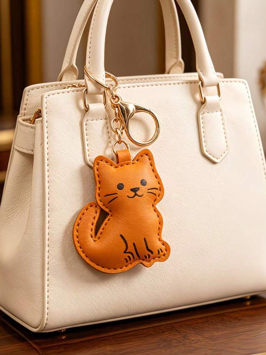 Brown/Beige 2 Colors Optional, Cute PU Leather Cat Keychain, Cartoon Novelty Cat Bag Charm, Women's Car Key Accessory, Fun Gift For Family And Friends - Multicolor - View 1