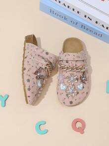 Sandalias cerradas de verano para niñas con flores 3D, mariposas, corazones, strass, cadena dorada e impresión, rosa - Rosa - Ver 5