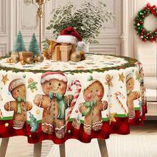 1/100pcs Christmas Theme Polyester Tablecloth (Round: 145cm Diameter) Holiday Tablecloth, Pattern With Gingerbread Man, Christmas Wreath, Suitable For Family Gatherings, Fits Dining Table, Kitchen And Living Room - Multicolor - View 4