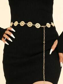 1pc Women's Round Carved Metal Waist Chain - Gold - View 2