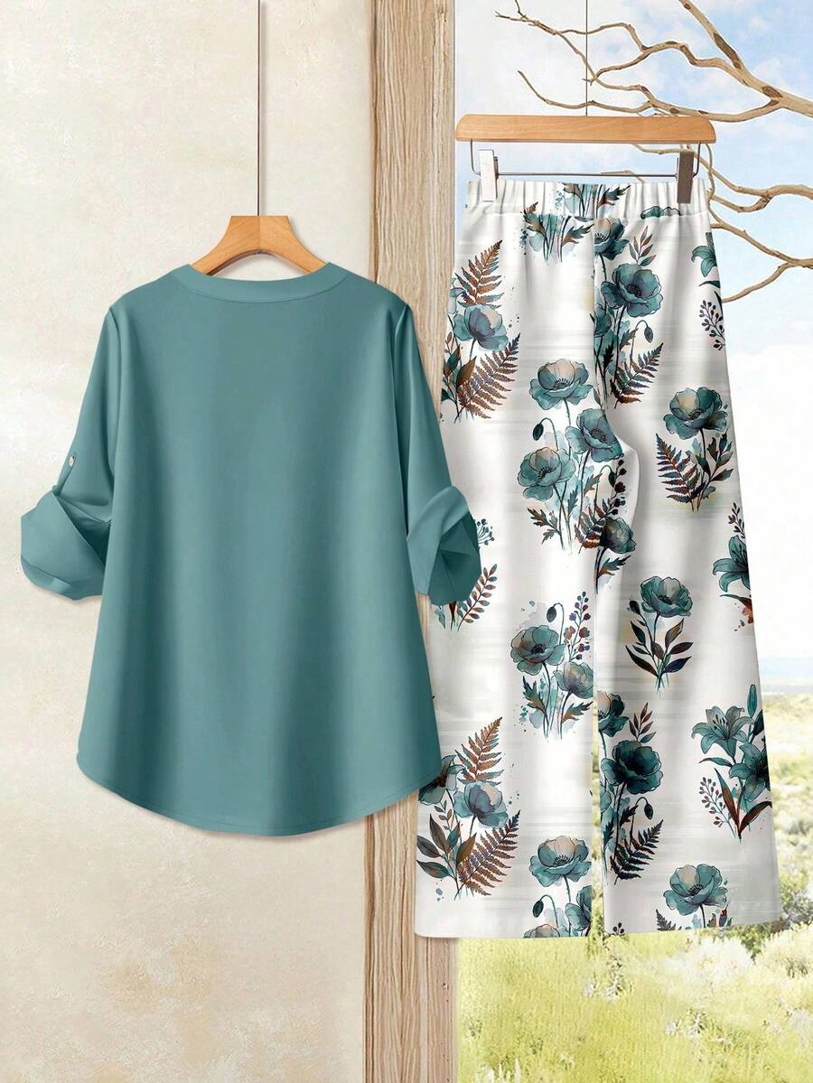 Casual Solid Color Notched Neck Roll-Up Sleeve Top And Elastic Waist Pants Set,Cozy Fall Winter Clothes For Women New Year Elegant Blouse Shirt Sets - Green - View 1