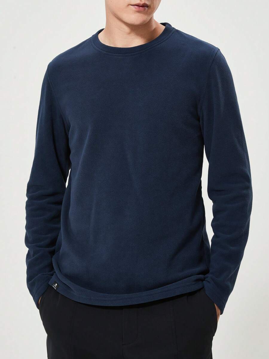 CAMEL CROWN Outdoor Fleece Jacket, Spring And Autumn Fleece-Lined Long-Sleeved T-Shirt, Men's Round Neck Anti-Static Sweatshirt. - Dusk Blue - View 1