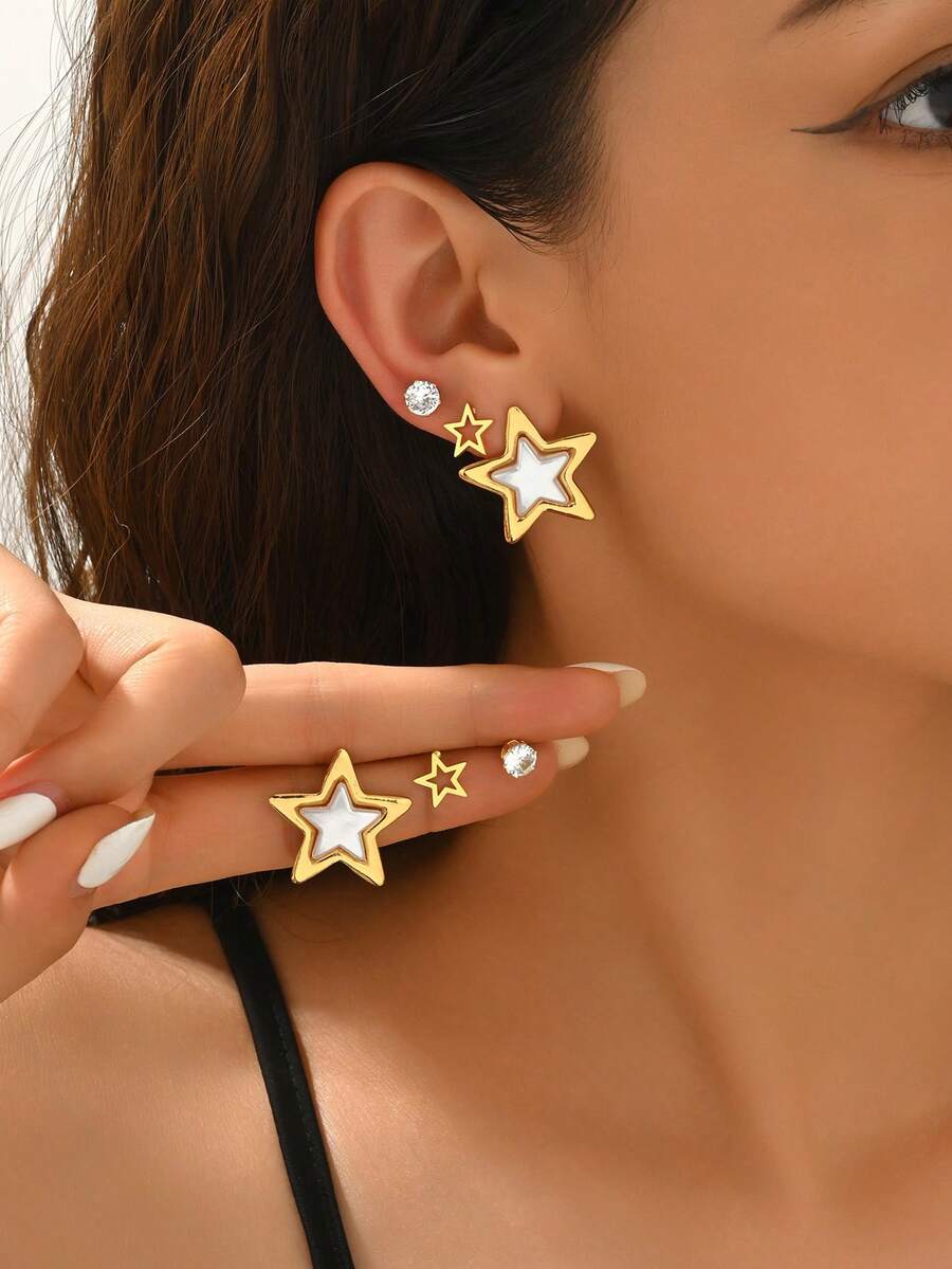 1 Set de Aretes de Acero Inoxidable con Forma de Estrella de Moda Minimalista para Mujeres, Adecuados para Uso Diario (Tarjeta Aleatoria) - Multicolor A - Ver 1