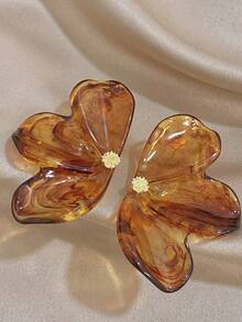 Luxuy Retro Amber Large Asymmetric Petal Drop & Wooden Dangle Earrings, Gold Jewelry Gift, For Daily Party Birthday Valentine's Day, Boho/Y2K - Multicolor - View 2