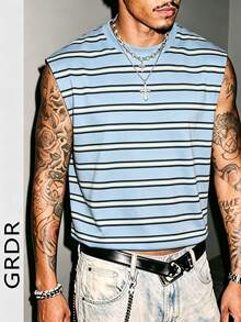 GRDR Minimalist Striped Digital Print Summer Men's Streetwear Casual Fashion Loose Fit Versatile Tank Top - Dusty Blue - View 4
