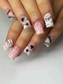 24pcs Short Square Halloween Nails, Pumpkin, Ghost, Spider Web Design, Square Includes: 1pc Double-Sided Tape And 1pc Nail File - Multicolor - View 7