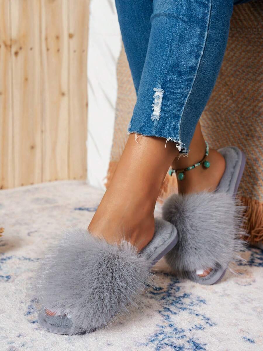 Fashionable Versatile Winter Plush Slides Women's Minimalist Open Toe Warm Slippers Solid Color Casual Home Flat Slippers - Grey - View 1