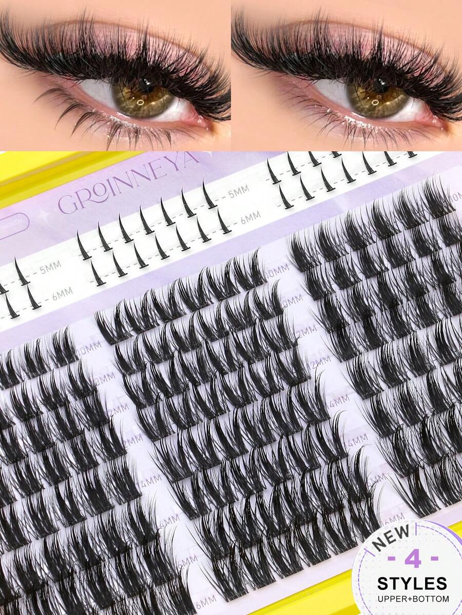 GROINNEYA 4 Styles Mixed Tray Individual Lashes Manga Eyelash Clusters With Bottom Lash Clusters To DIY Voluminous 5D Faux Mink Lashes Fuzzy Lash Tip Single Cluster Eyelashes For Extension,Winged End Eye Elongated,Suitable For Daily And Date,Featival - C - View 1