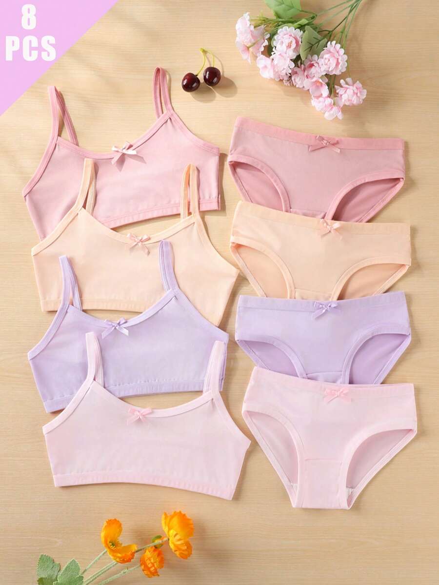 4件組女孩內褲套裝,純色蝴蝶結透氣柔軟女孩內褲套裝 - 彩色 - 查看 1