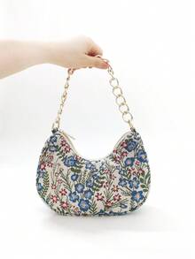 LJDCRFT Elegant Vintage Floral Crescent Underarm Bag With A Chunky Gold Chain, Suitable For Weddings, Dates, Vacations, And Daily Wear. - Blue - View 3