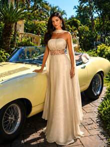 UNITHORSE Halter Flounce Backless Sequin Patchwork Faux Silk Dress - Champagne - View 1