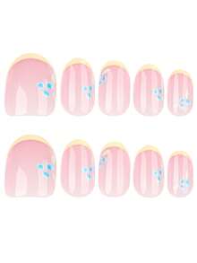 24 Peças Adesivos de Unhas Postiças Amarelo Francês, Design Floral Minimalista e Fresco, Unhas Postiças Ovais Curtas, Conjunto de Arte de Unhas Inclui 1 Folha Adesiva e 1 Mini Lixa de Unha, Adequado para Uso Diário, Suprimentos de Arte de Unhas. - Multicolorido - Visão 2