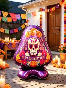 1pc Standing Undead Purple Triangle Tombstone Day Of The Dead Theme Aluminum Foil Balloon, Suitable For Day Of The Dead Decoration, Halloween Theme Decor, Indoor/Outdoor Scene Arrangement, Horror Party Props, Escape Room Scene Supplies - Multicolor - View 7