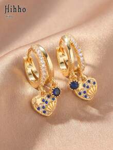 Hihho 1 Pair French Luxury Blue Diamond Heart Shell Double Drop Earrings, Exquisite Rhinestone Inlaid Ocean Style Unique Design, Suitable For Women's Daily, Holiday, Party, Vacation And Beach Wear - Double Drop Earrings - View 1