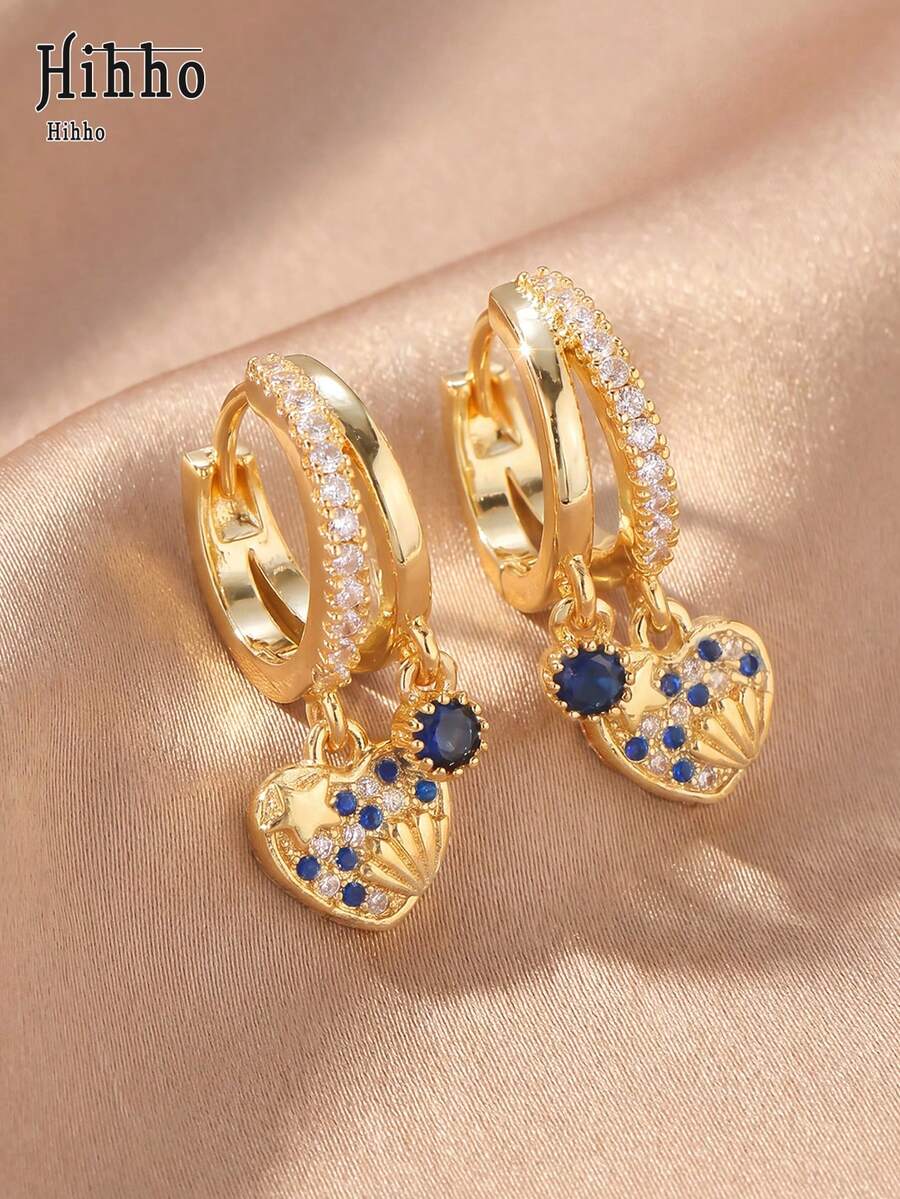 Hihho 1 Pair French Luxury Blue Diamond Heart Shell Double Drop Earrings, Exquisite Rhinestone Inlaid Ocean Style Unique Design, Suitable For Women's Daily, Holiday, Party, Vacation And Beach Wear - Double Drop Earrings - View 1