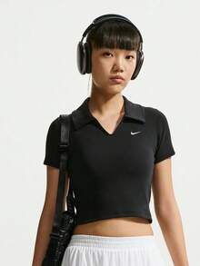 Nike Women's AS W NSW ESSNTL SS POLO CRP TOP Knit Collar Short Sleeve Polo Shirt IO2730-010 - Black - View 1