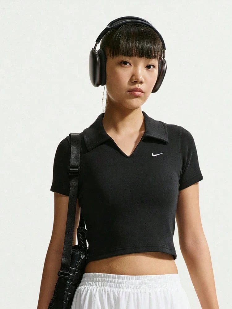 Nike Women's AS W NSW ESSNTL SS POLO CRP TOP Knit Collar Short Sleeve Polo Shirt IO2730-010 - Black - View 1