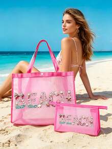 Bolsa de playa de malla con patrón de letras de strass, bolsa de maquillaje transparente portátil estilo hawaiano, bolsa de almacenamiento de lápiz labial, polvo, cuidado de la piel y artículos de tocador, esencial multifuncional para viajes, cruceros y dormitorios, bolsa de playa ligera de verano para mujeres, regalo ideal para bodas, damas de honor, Día de la Madre y cumpleaños para amigos, familia y maestros, bolsa de almacenamiento para joyas, esmalte de uñas y brillo labial en el hogar, baño y dormitorio - Multicolor - Ver 4