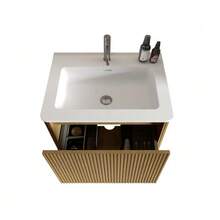 Washbasin With Vanity Unit For Small Bathrooms, Mineral Cast Basin, Grooved Design, 60cm Wall-Mounted Bathroom Unit, Natural Oak Color, Pre-Assembled - 駝色 - 查看 6