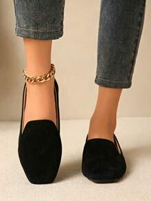 Women's Suede Loafers, Black Square-Toe Slip-On Low Heel Comfort Flats For Office, Work, Daily Wear & Dating - 黑色 - 查看 4