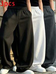 3pcs/Pack Boys' Casual Sports Personalized Wide Leg Straight Long Pants, Spring/Autumn/Winter - Multicolor - View 1