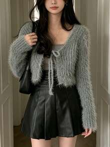 Short Solid Color Pattern Knitted Cardigan For Autumn/Winter - Grey - View 7
