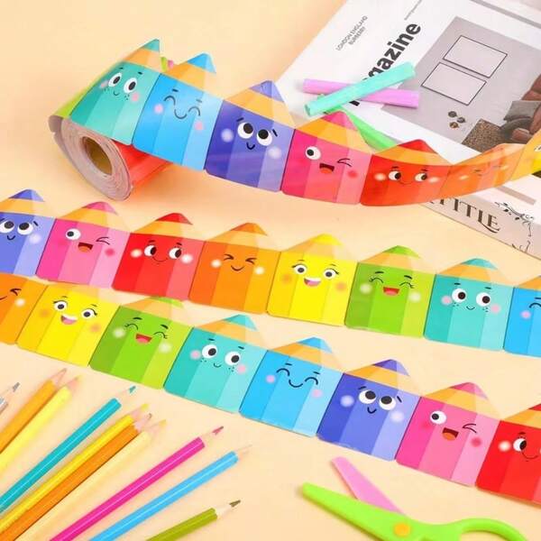 1 rollo de 10.0m de borde para tablero de anuncios estilo lápiz de colores vibrantes, diseño de expresión animada, papel autoadhesivo, adecuado para aula, oficina y hogar, decoración autoadhesiva multifuncional, suministros decorativos divertidos