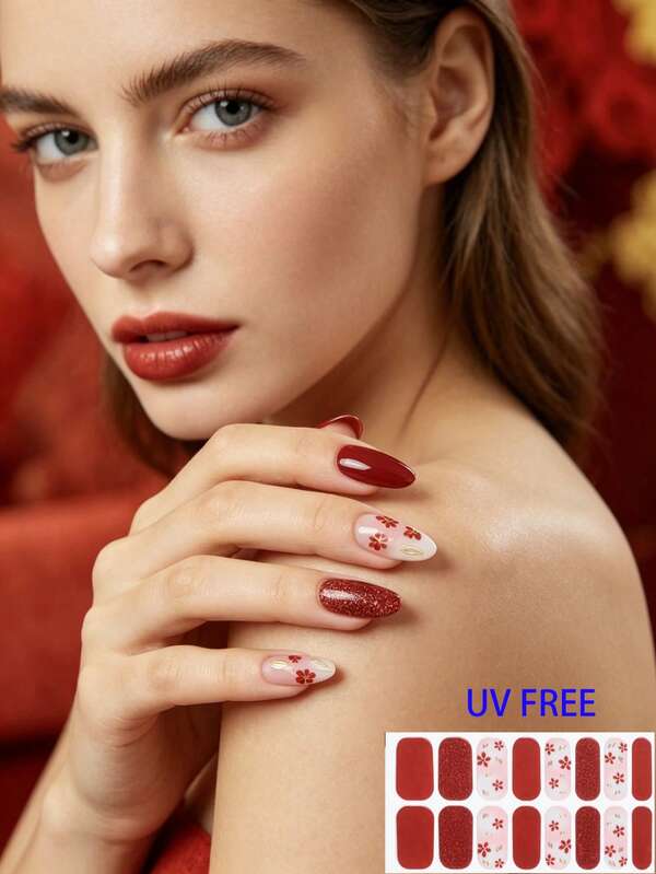 16 Pcs/1 Sheet Red Flower Gold Glitter Graduation Nail Warps, Waterproof, Self DIY, For Summer Beach, Vocation, Graduation Gift, Back To School, Winter Nail Decal, Full Cover Self-Adhesive No UV Nail Art Polish Nail Strips Nail Stickers