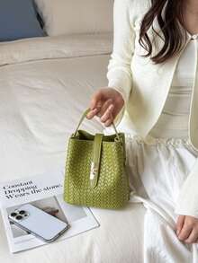 Nueva bolsa de cubo con cordón de mujer de unicolor con textura tejida, bolso de mano y de hombro de moda - Multicolor - Ver 17