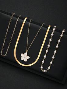 4pcs Multi-Layer Stackable Fashion Minimalist Elegant Exquisite Vintage Design Geometric Floral Oil-Drop Faux Pearl Glossy Snake Chain Minimalist Metal Style Pendant Necklace Set, Holiday Vacation Party Date Gift, Daily Commute Wear, Personalized - Yellow Gold - View 3