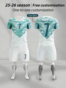 25-26 2pcs/Set White All-Over Print Burnout Boys Soccer Outfit, Personalized Name & Number Customization/Club Hot-Selling Jersey, No.7 Print Sports Player Style, Short Sleeve & Shorts Set, Suitable For Boys & Girls, Sports, Cycling, Outdoor Running, Football, Celebrity Style - White - View 3