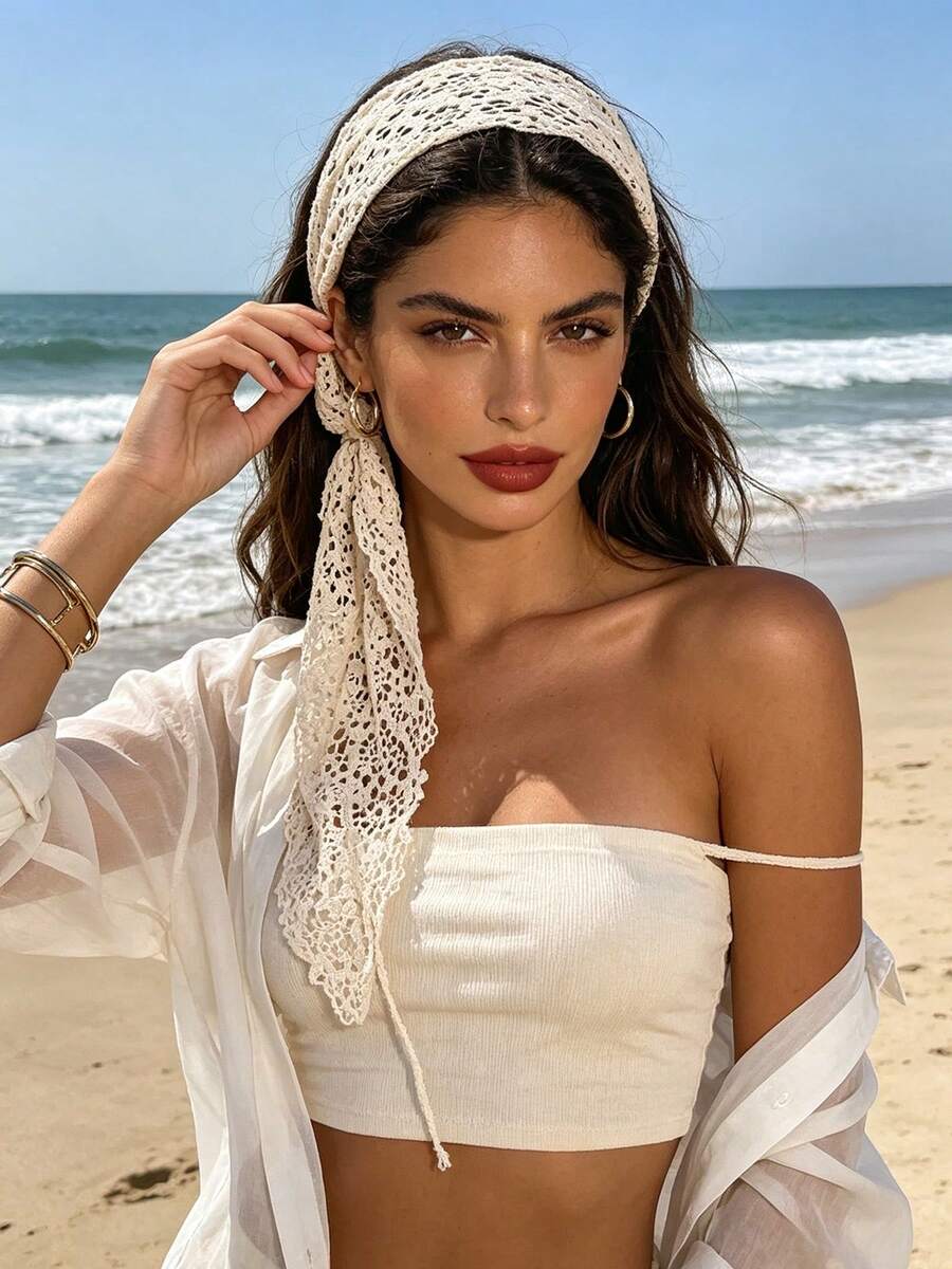 1pc Hollow Flower Print Bohemian Breathable Sun Protection Hair Scarf For Women, Daily Summer Street Photography Casual Beach Travel Vacation Headwrap Waist Scarf Neck Scarf Versatile Fashion Accessory - Multicolor - View 1
