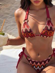 Women's Spring Summer Autumn Beach Vacation Casual Elegant Seaside Hot Spring New Water Ripple Bohemian Sexy Elegant Backless Lace-Up Back Drawstring Jacquard Ring Textured High-End Swimsuit Set - Red - View 5