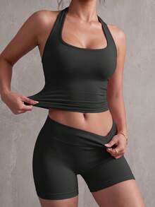 Conjunto deportivo sin costuras, camiseta de tirantes con espalda de corredor y shorts ajustados a la cadera, conjunto de yoga y fitness de cintura alta, estilo minimalista negro - Negro - Ver 6