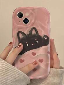 1pc Dopamine Cute Pink Heart Black Cat Wavy Cream Texture Cute Regular Phone Case Compatible With IPhone11/12/13/14/15/16/17/IPhone16/15/14/13/12/11Pro Max XS/XR/X/7/8/Plus IHonor X9c/X9b/X8a/X7b 3D Wavy Vintage White - White - View 4