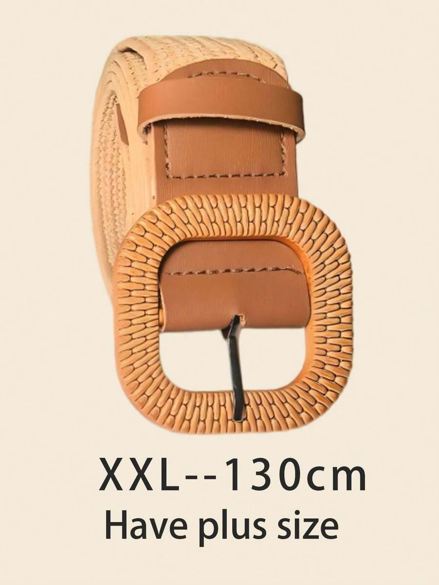 1PC Bohemian Style Square Buckle Woven Elastic Women's Belt, Casual Summer Style Suitable For Dresses, Suits, Etc. - Khaki - View 1