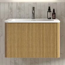 Washbasin With Vanity Unit For Small Bathrooms, Mineral Cast Basin, Grooved Design, 60cm Wall-Mounted Bathroom Unit, Natural Oak Color, Pre-Assembled - 駝色 - 查看 9